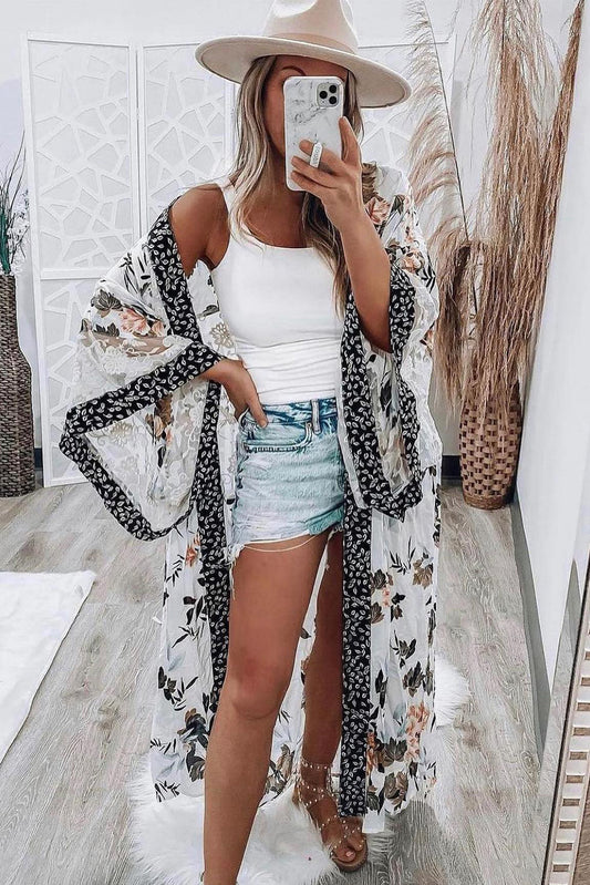 Floral Print Lace Patchwork Batwing Sleeve Duster Kimono