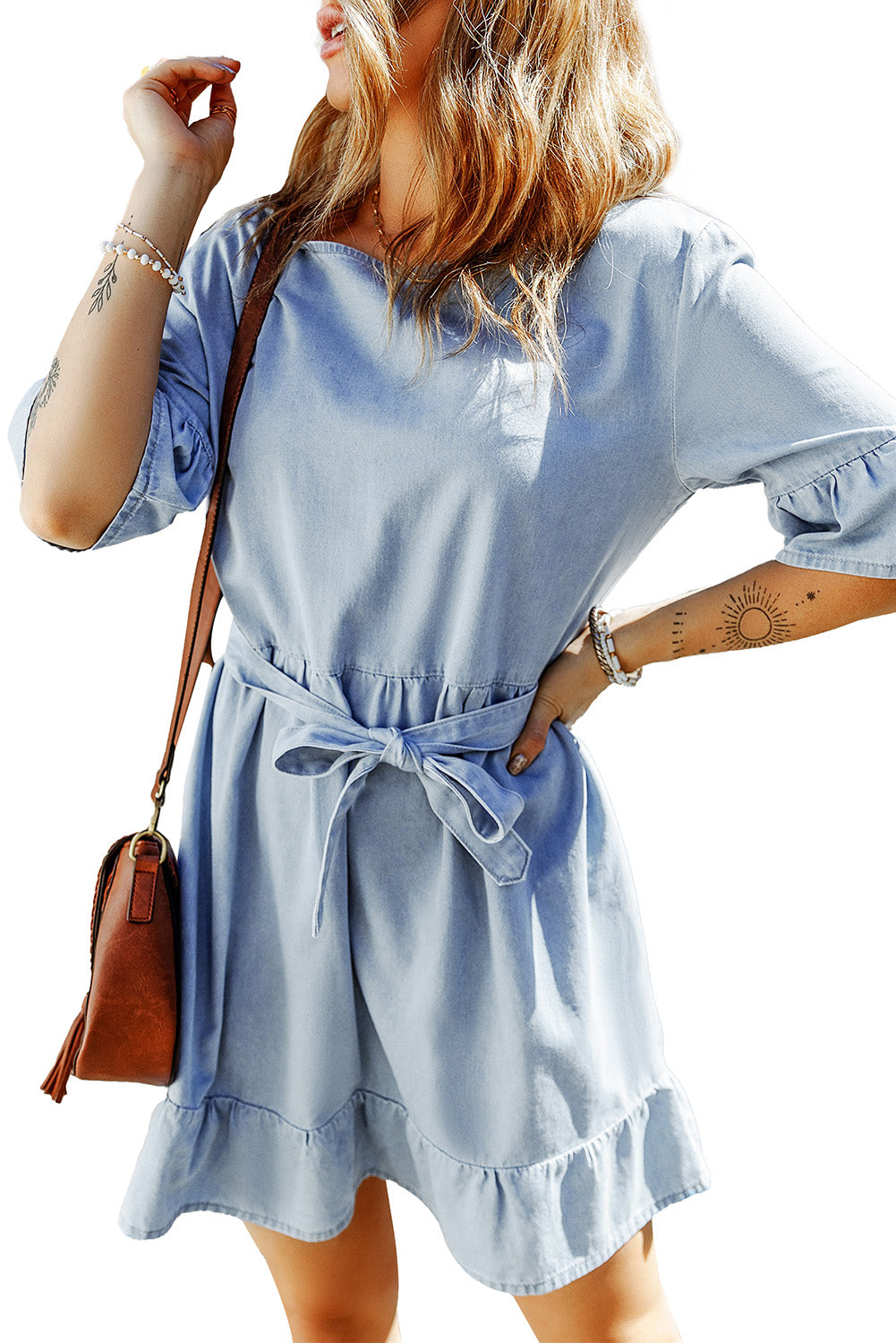 Ruffle Trim Half Sleeve Belted Denim Dress