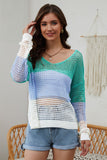 Color Block Eyelet Long Sleeve Twisted Back Knit Top