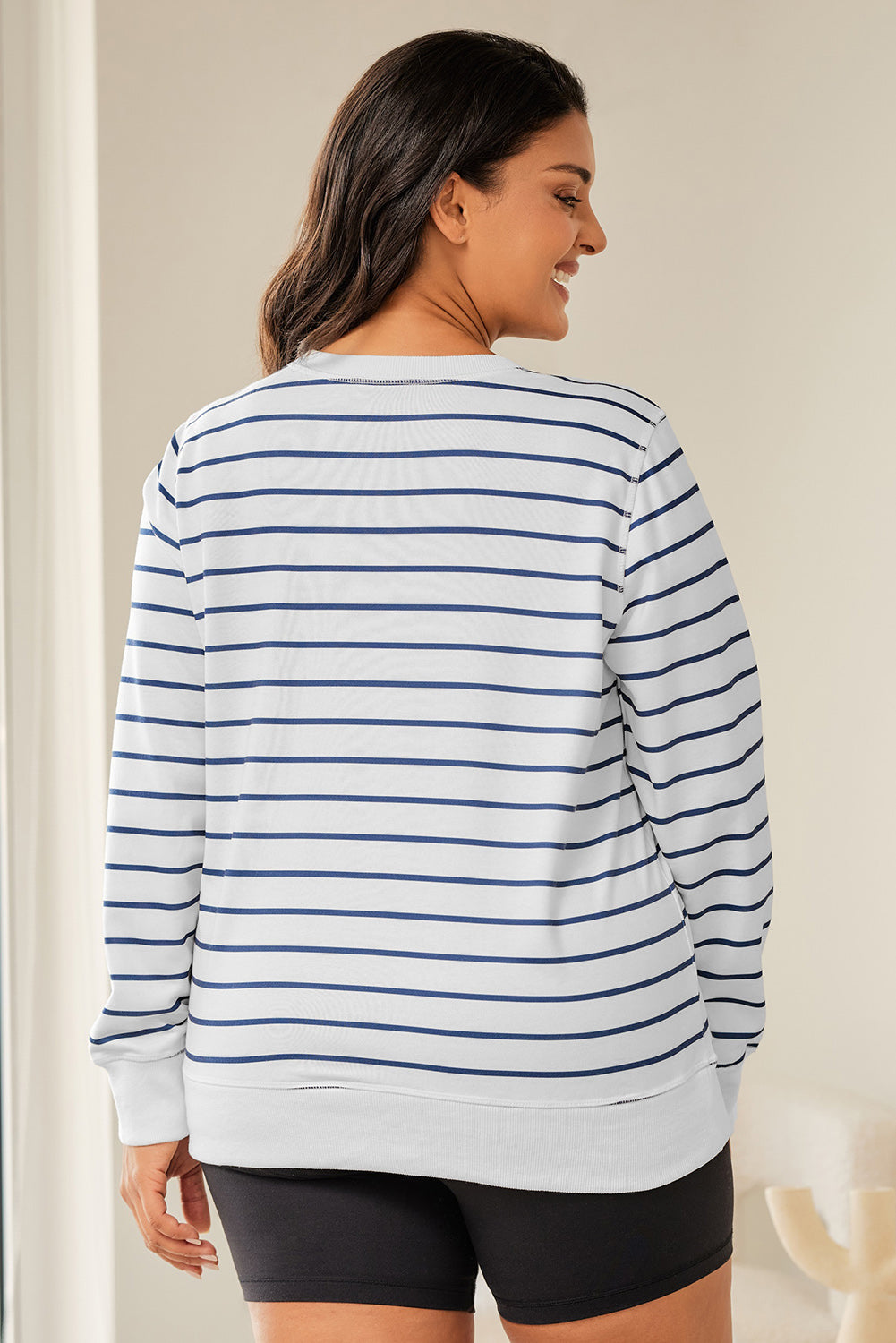 Striped Print Ribbed Trim Long Sleeve Top