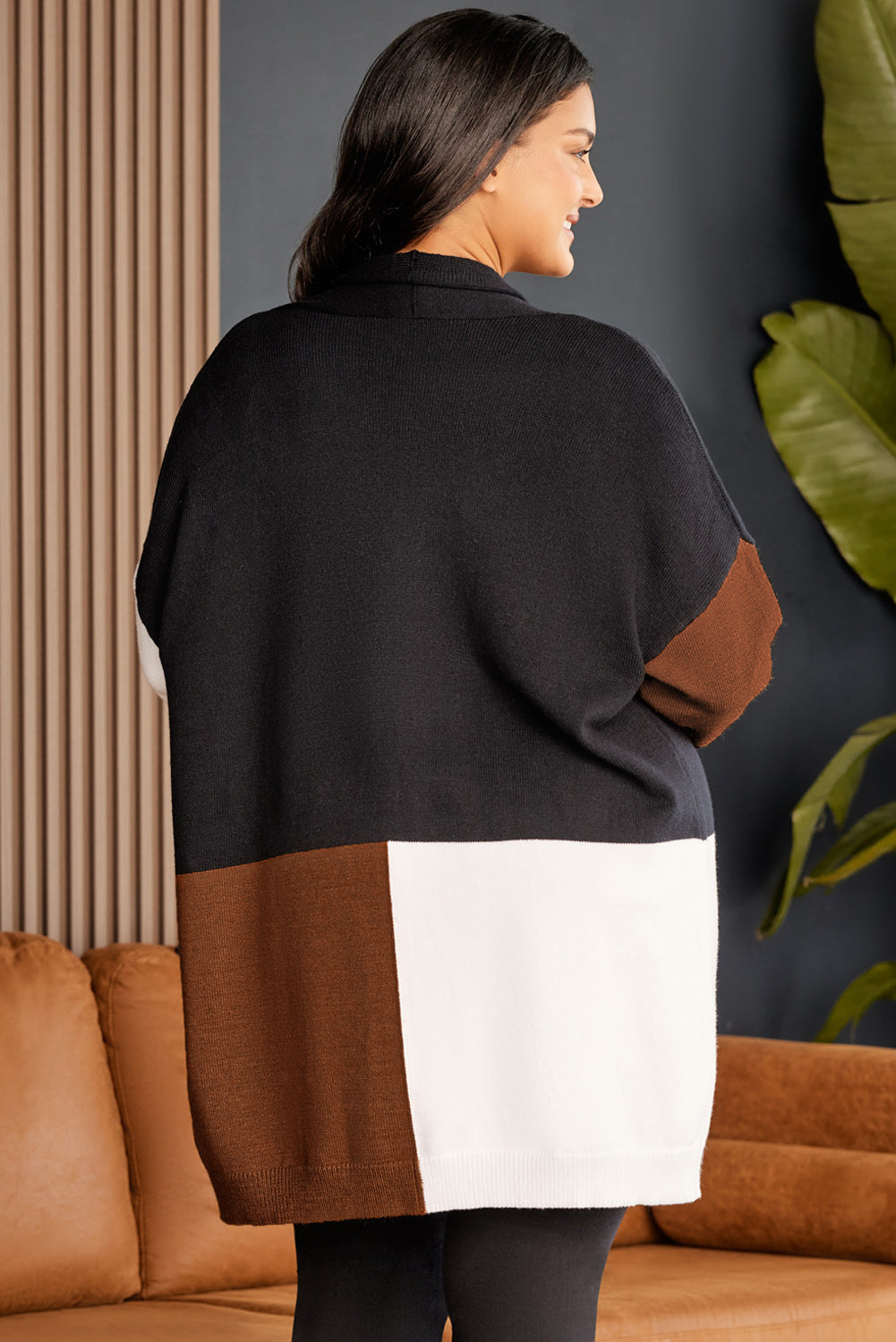 Cardigan color block ouvert sur le devant de grande taille marron 