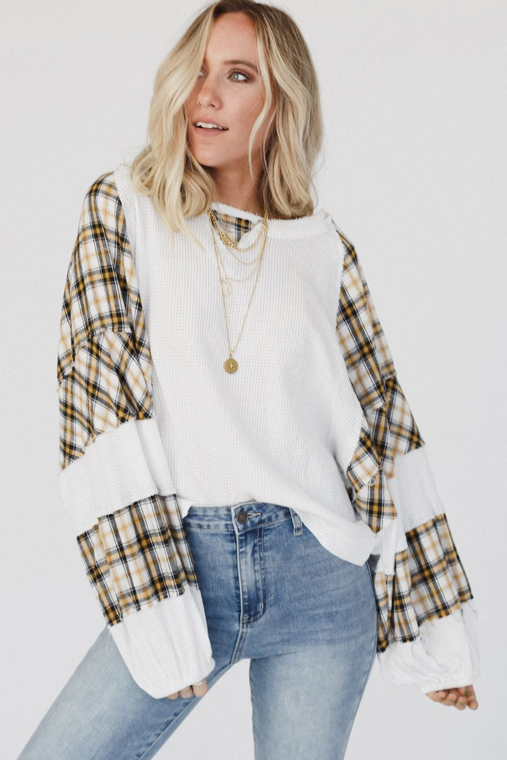 Plaid Patch Waffle Knit Exposed Seam Bubble Sleeve Top