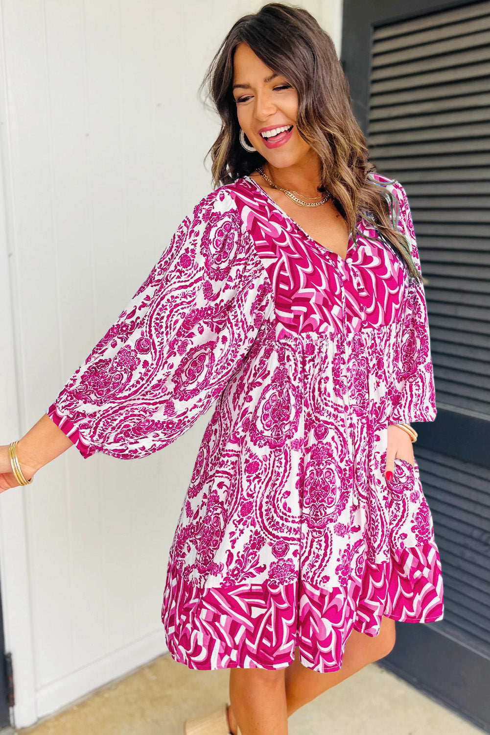 Orange Bohemian Print Puff Sleeve Tied V Neck Flared Mini Dress