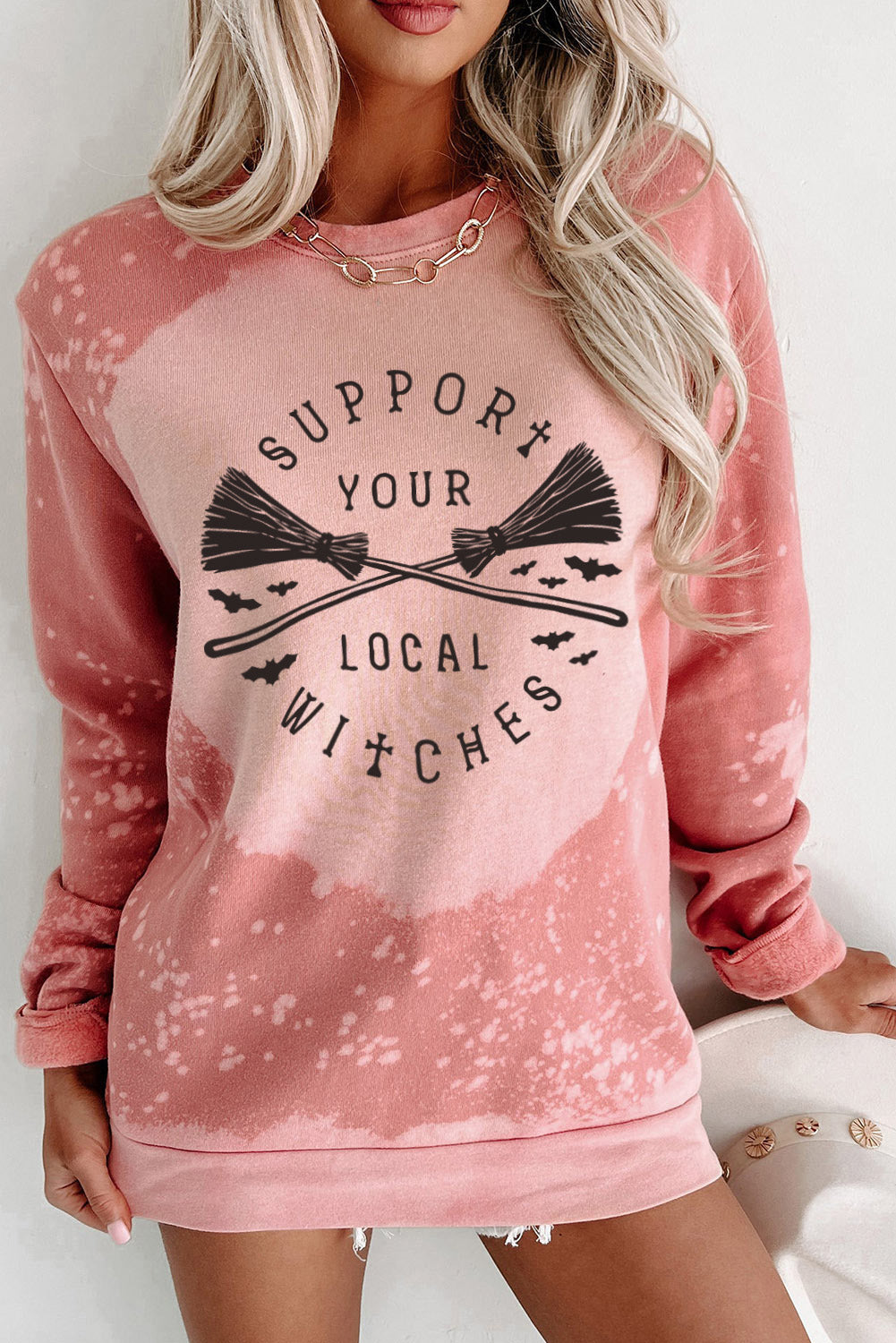 Pink Bleached Round Neck Pullover Sweatshirt