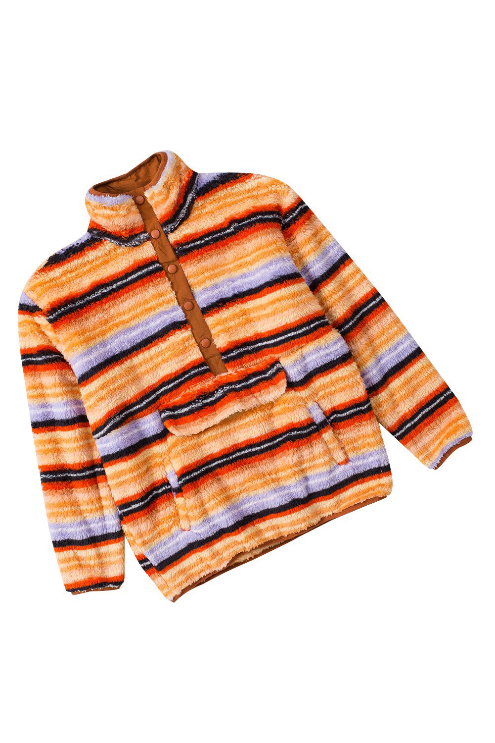 Striped Kangaroo Pocket Buttoned Sherpa Sweatshirt