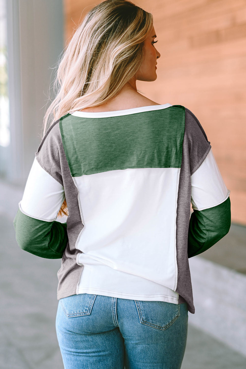 Khaki Exposed Seam Color Block Patchwork Top