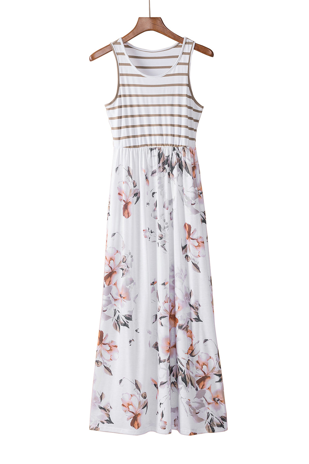 Striped Floral Print Sleeveless Maxi Dress with Pocket