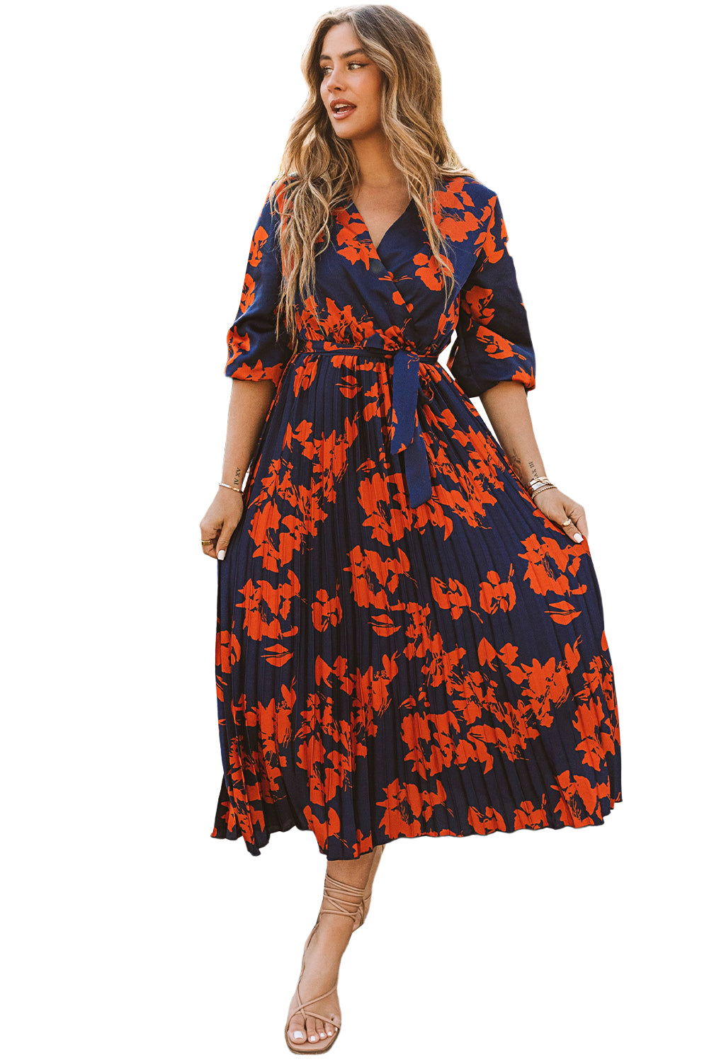 V Neck Wrap Pleated Maxi Floral Dress with Tie