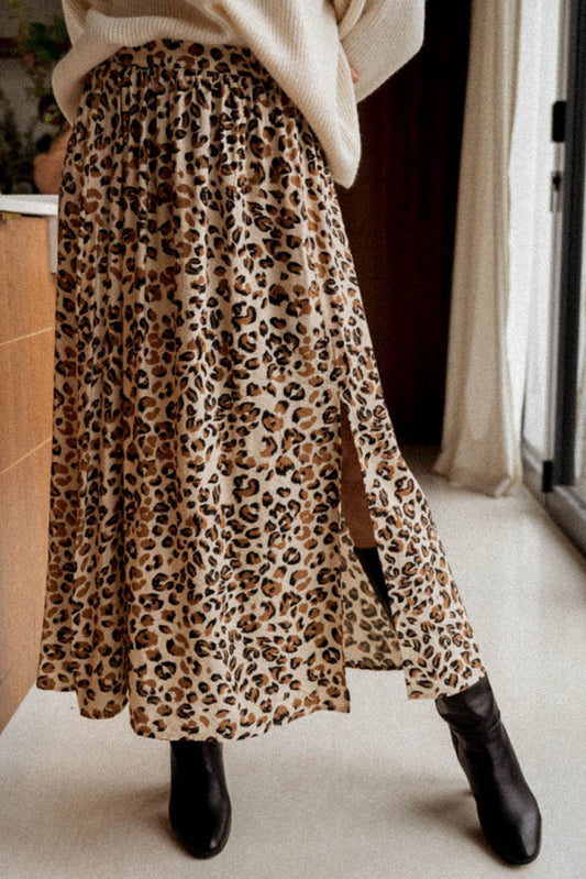 Animal Print High Waist Side Slit Long Skirt