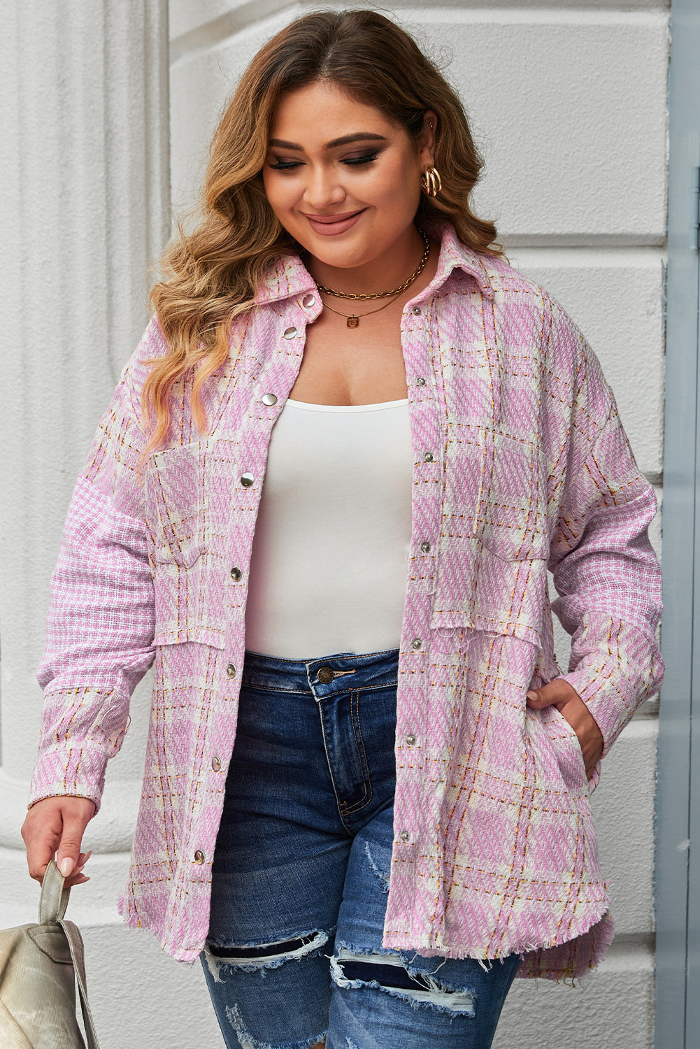 Plus Size Tweed Plaid Houndstooth Print Jacket