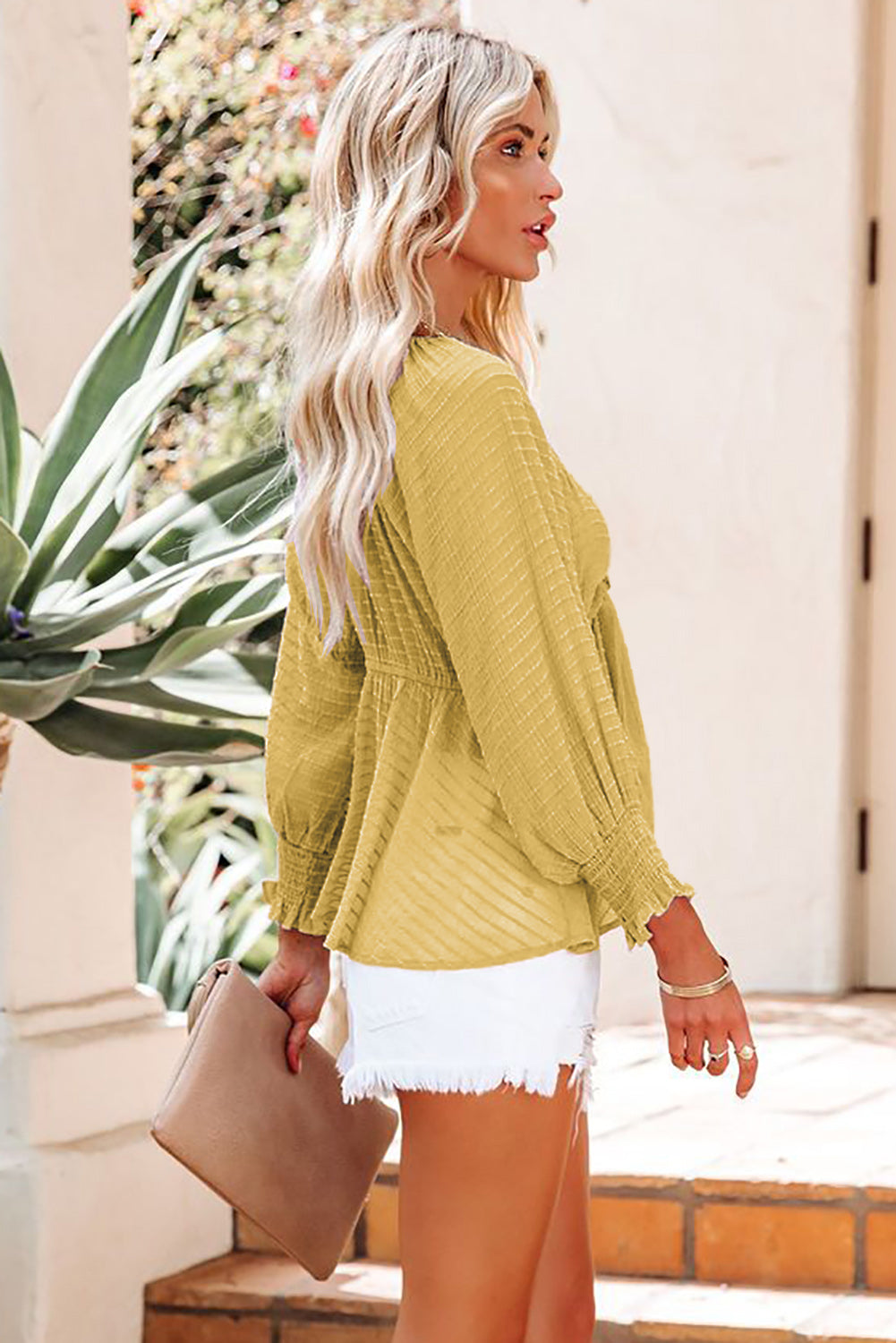 Textured Tie Front Peplum Blouse