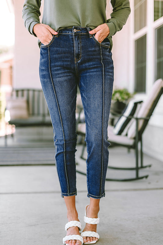 Jean skinny taille haute bleu avec coutures