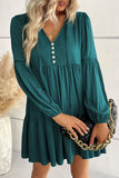 Green Lace Puff Sleeve Buttoned Tiered Ruffled Mini Dress