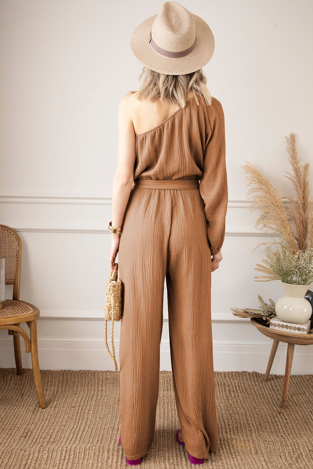 Crinkled Texture One-shoulder Loose Jumpsuit