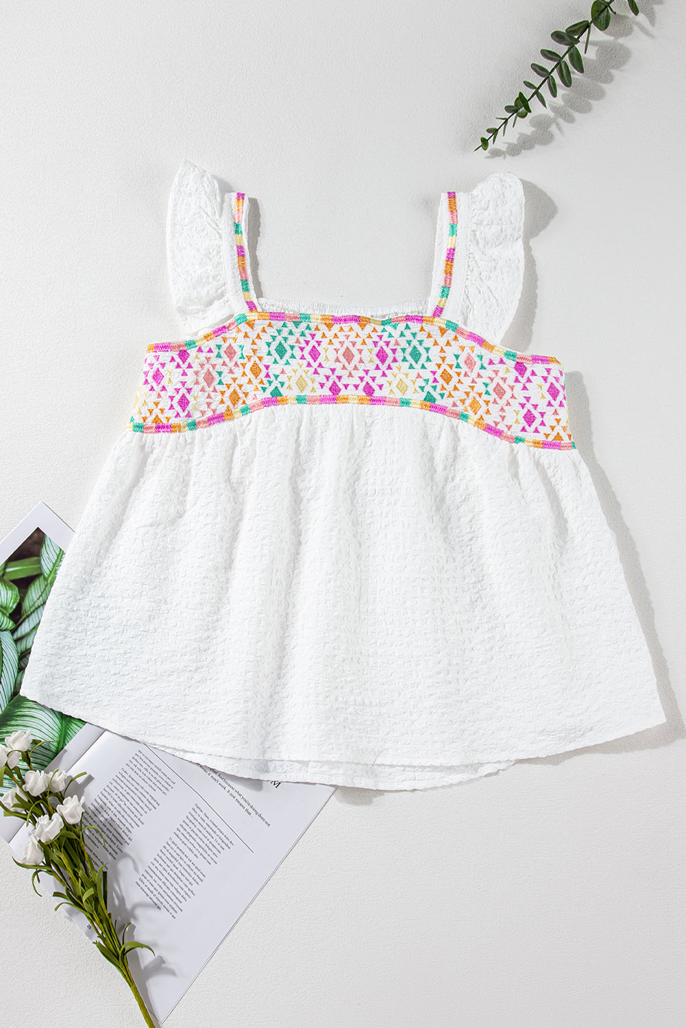 White Aztec Embroidered Square Neck Ruffle Tank Top