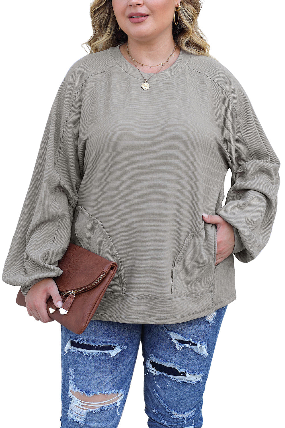 Ribbed Side Pockets Long Sleeve Plus Size Top