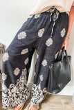 Black Bohemian Printed Drawstring Waist Wide Leg Pants