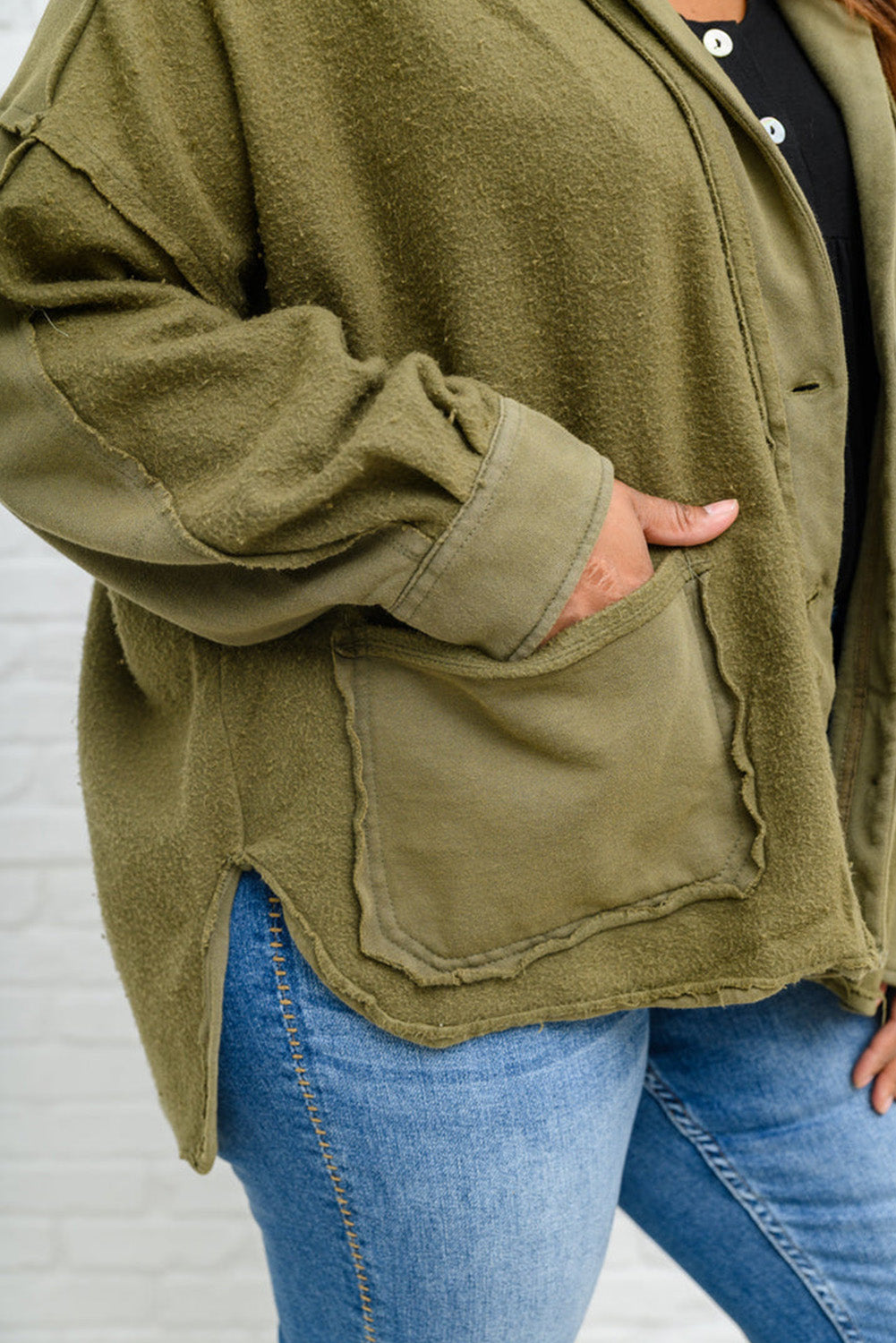 Veste à capuche en tissu éponge à coutures apparentes de grande taille vert