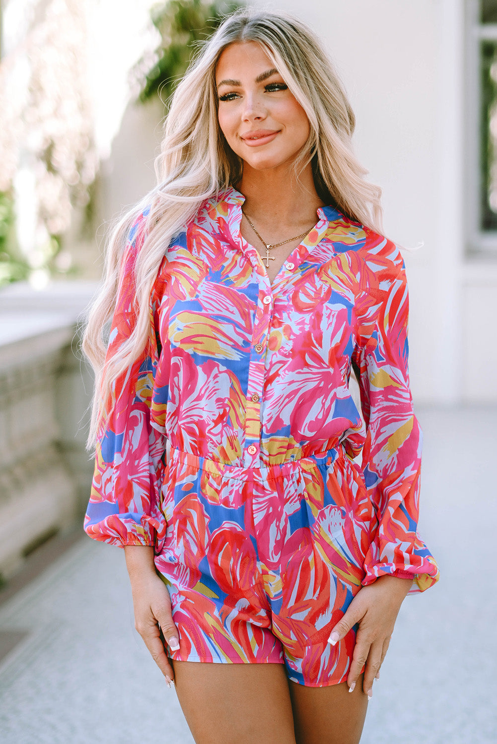 Multicolor Bold Graffiti Print Shirt Button Romper