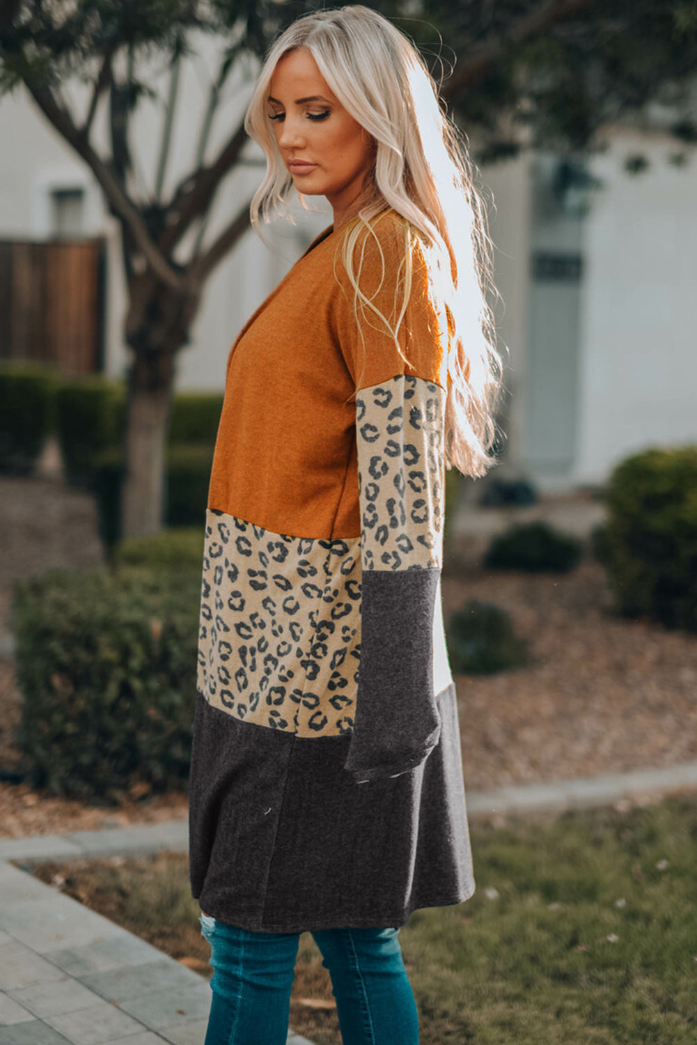 Colorblock Leopard Print Patchwork Knit Cardigan