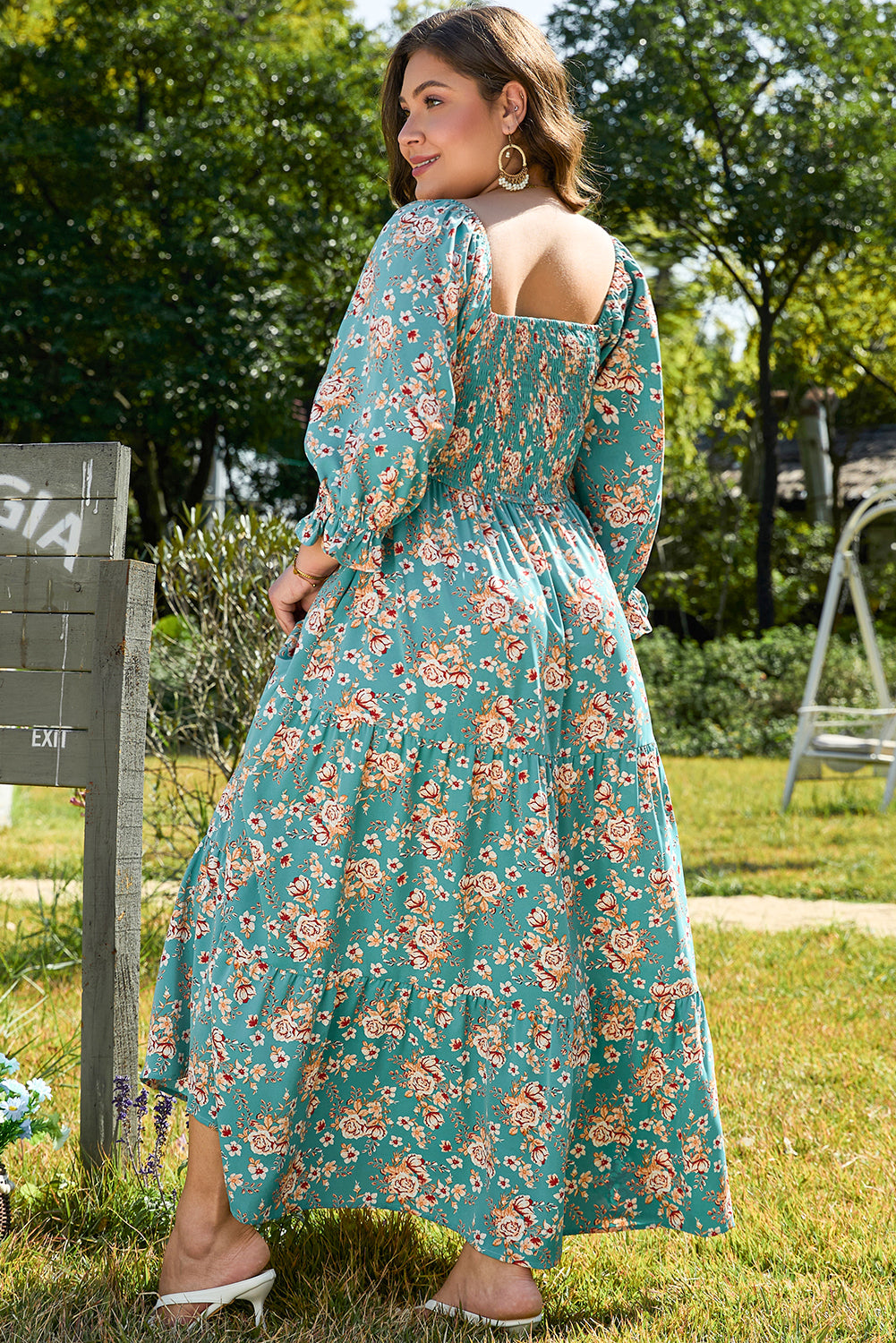 Green Plus Size Floral Print Square Neck Smocked Maxi Dress