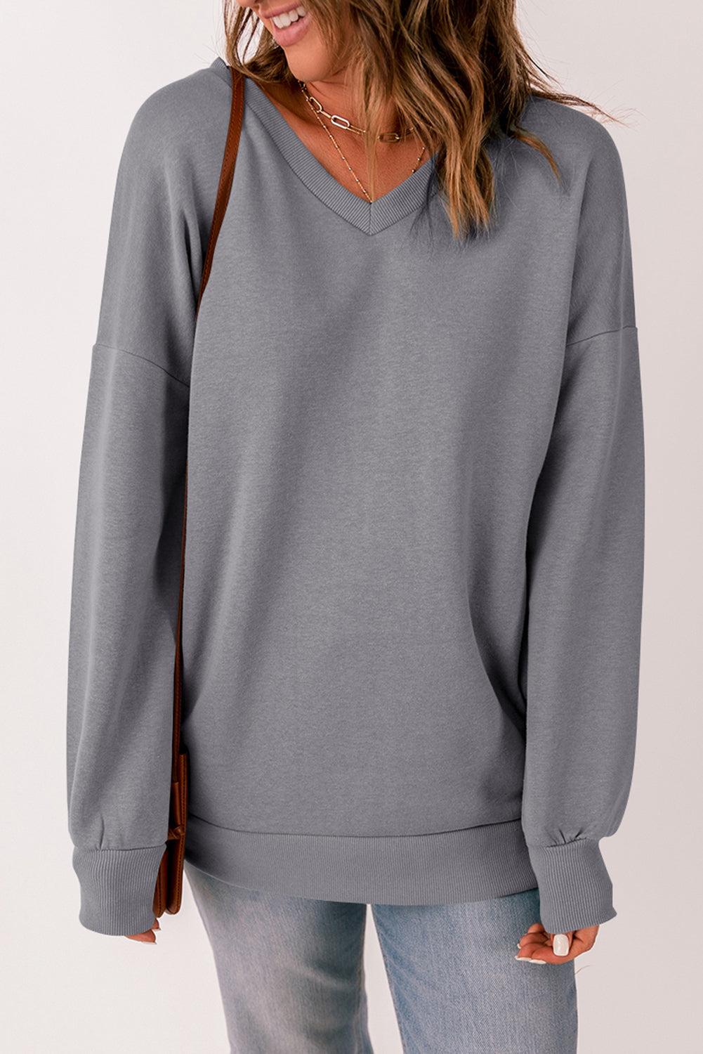 Ribbed V Neck Drop Shoulder Sweatshirt