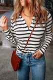 Stripe Collared V Neck Lightweight Knit Casual Sweater