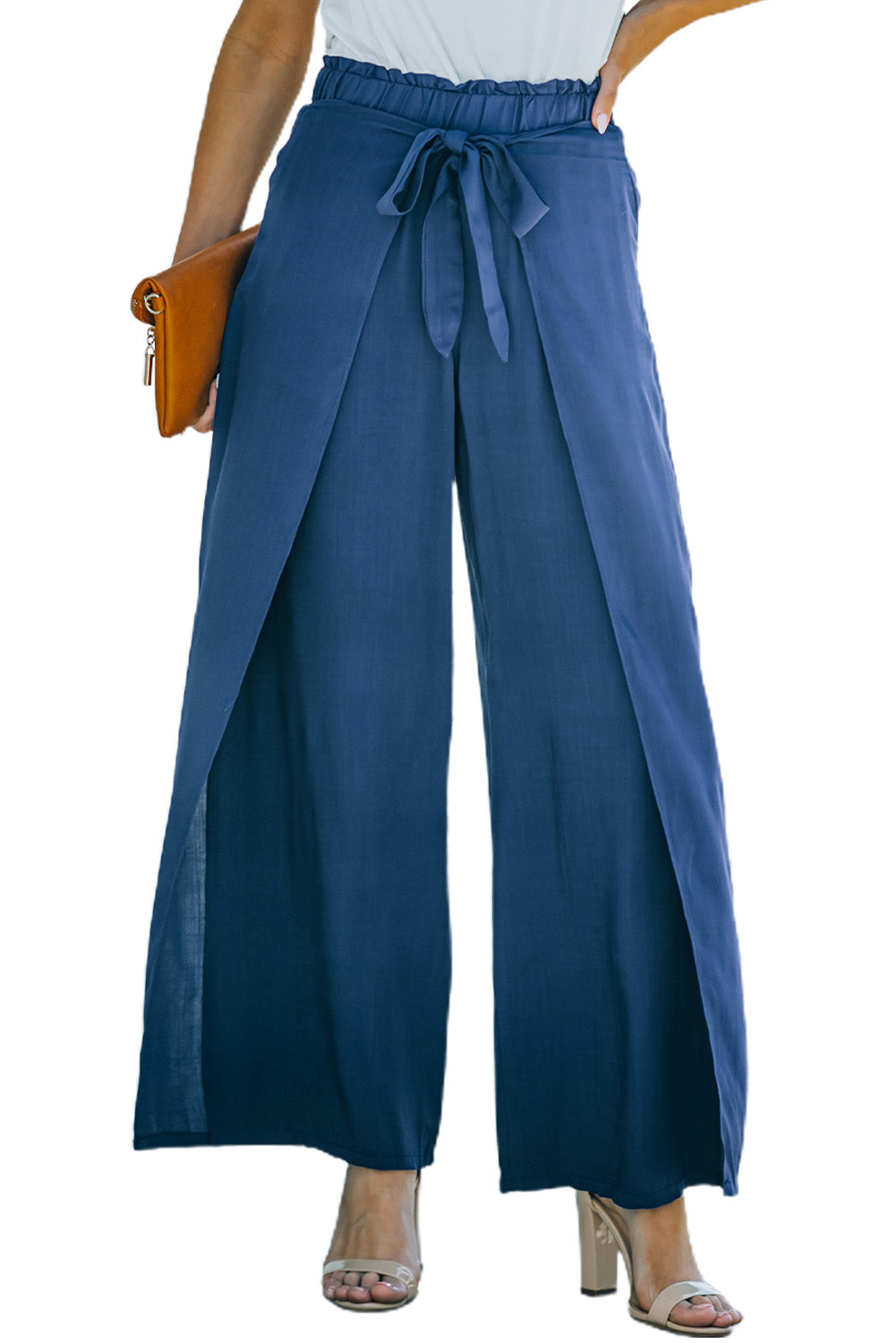 Pantalon large bleu portefeuille avec cravate 