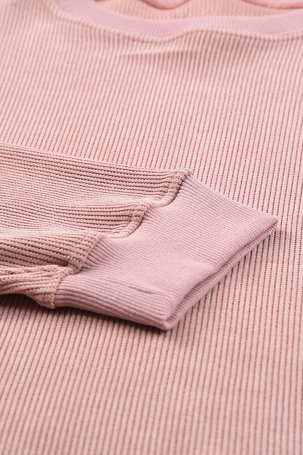 Pink Solid Ribbed Knit Round Neck Pullover Sweatshirt