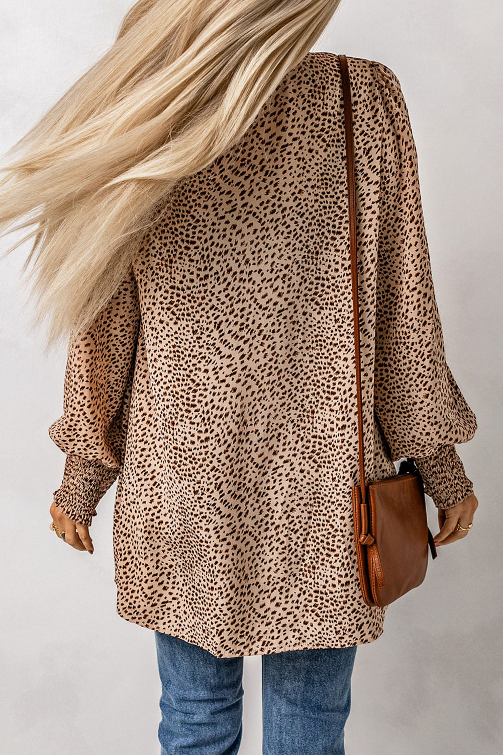 Animal Print Shirred Cuff Lantern Sleeve Cardigan