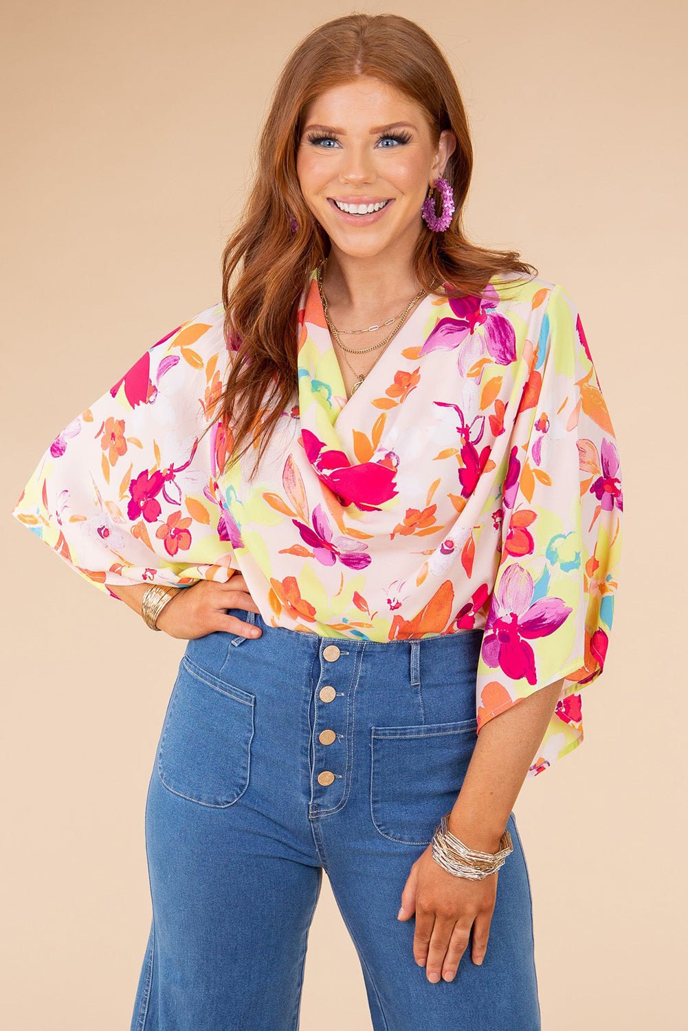 Floral Print Cowl Neck Plus Size Blouse