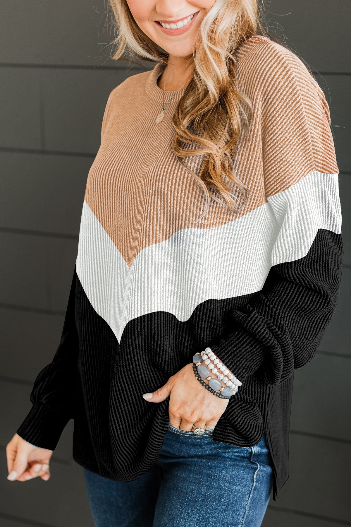 Black Color Block Long Sleeve Ribbed Loose Top