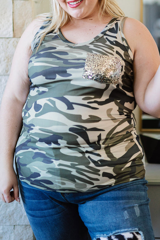 Sequin Pocket Camouflage Plus Size Vest