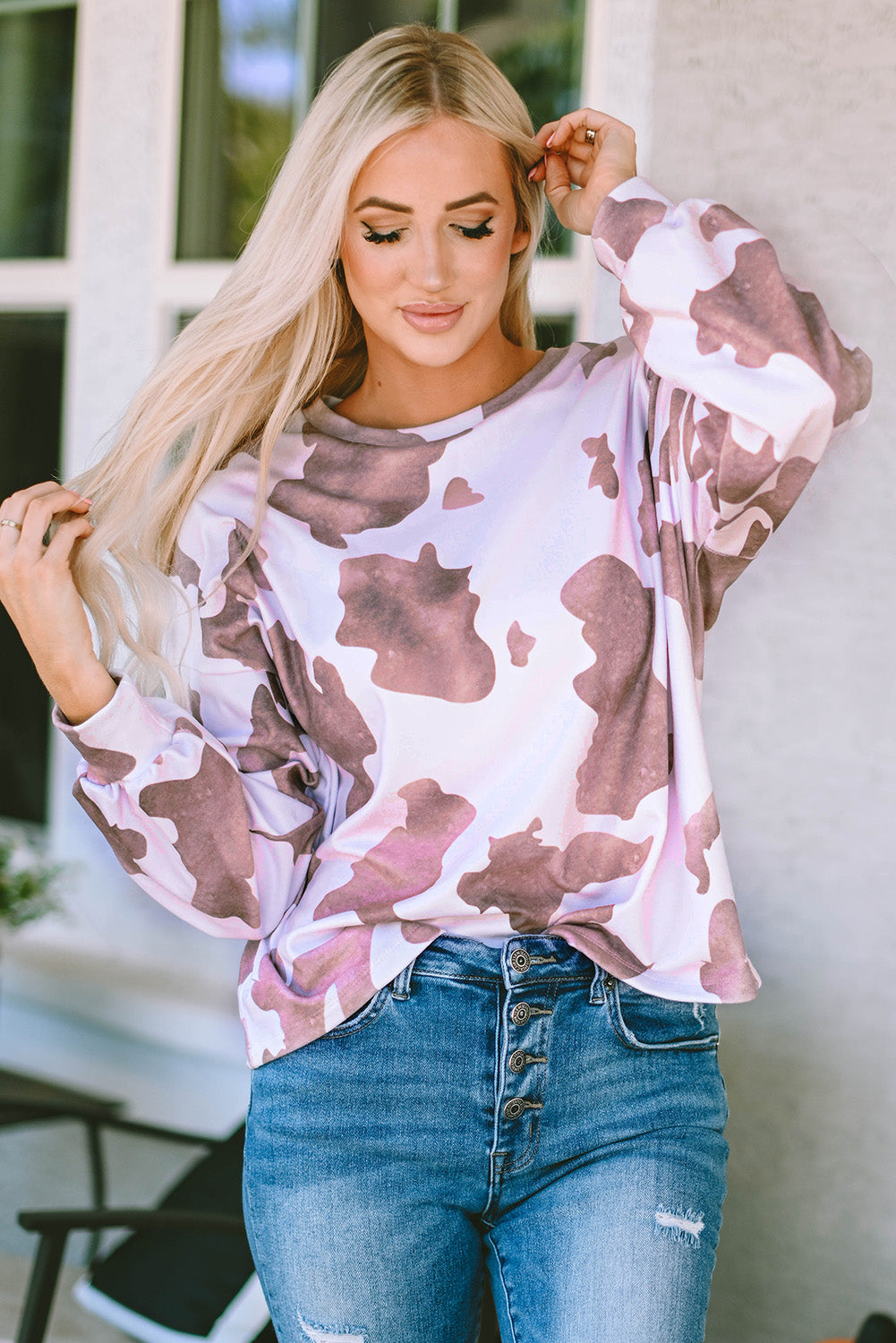 Cow Spots Print Drop Shoulder Puff Sleeve Sweatshirt