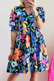 Blue Collared Split Neck Floral Flared Dress