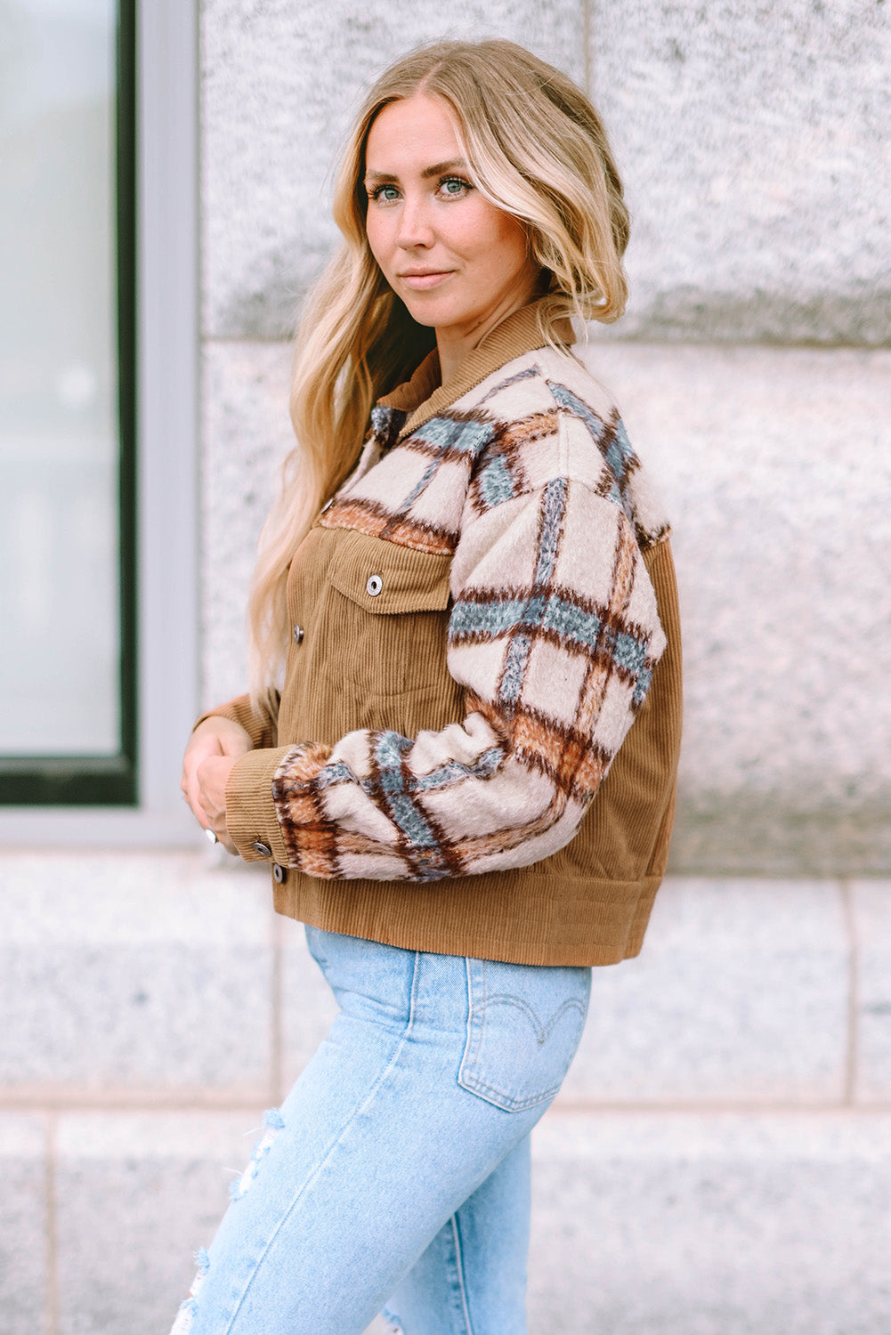 Khaki Plaid Corduroy Flap Pockets Boxy Chunky Jacket