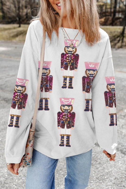 White Sequin Nutcracker Graphic Christmas Fashion Corded Sweatshirt