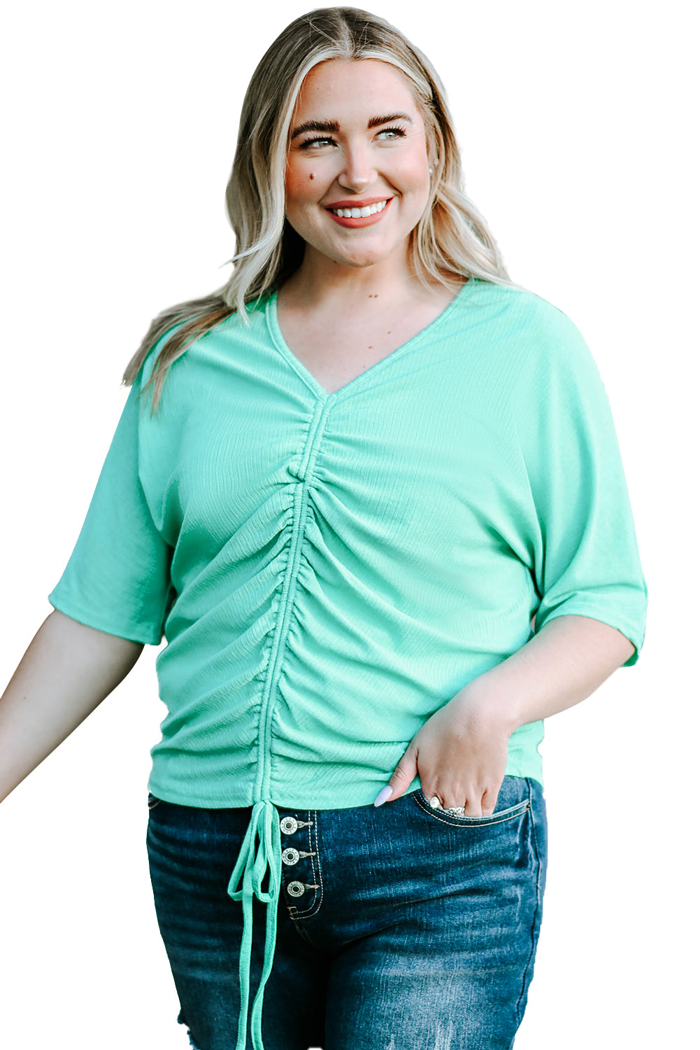 Plus Size Ruched Rib Drawstring V Neck Top