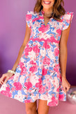 Pink Floral Printed V Notched Ric Rac Flutter Sleeve Dress