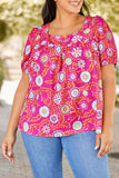 Pink Plus Size Square Neck Floral Blouse