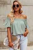 Off Shoulder Textured Ruched Ruffle Blouse