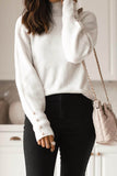 Button Ribbed Puff Sleeve High Neck Sweater