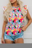 Abstract Print High Neck Flutter Sleeves Top