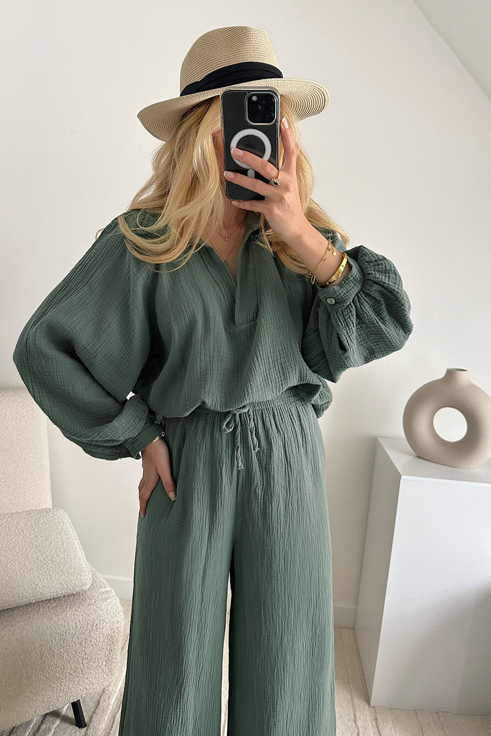 Green Crinkle Split Neck Top Loose Drawstring Pants Set