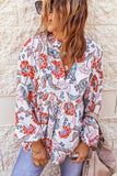 Split Neck Bubble Sleeve Floral Patchwork Blouse