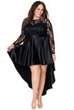 Robe noire en satin haut et bas avec épissure de dentelle transparente de grande taille