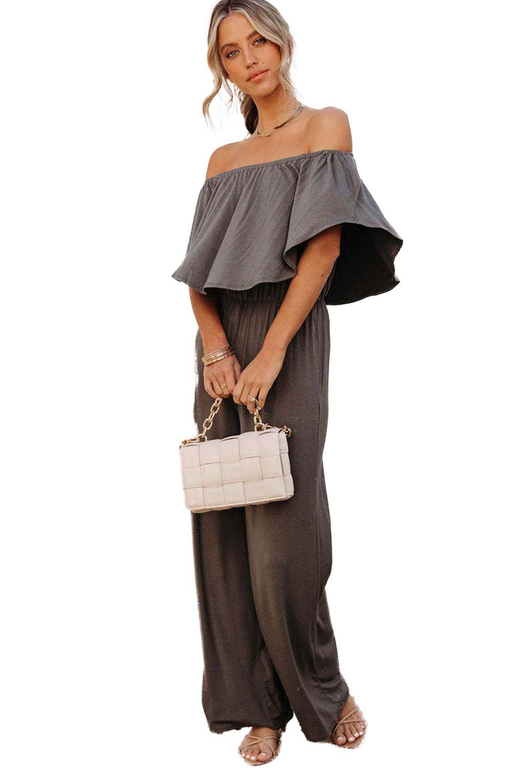 Solid Color Off Shoulder Wide Leg Jumpsuit