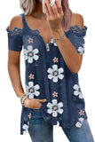 Floral Print Lace Contrast Zipped Cold Shoulder T Shirt