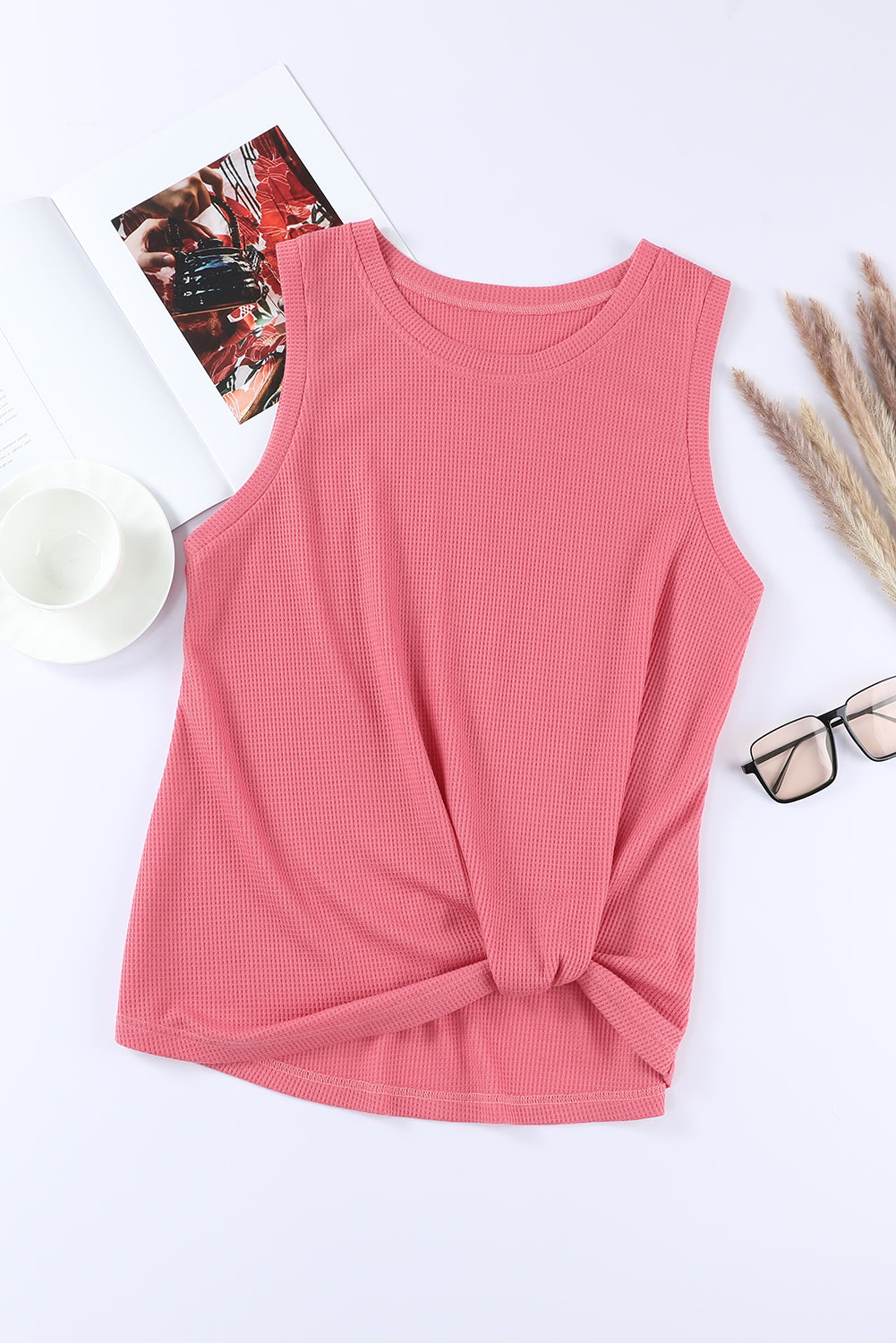 Twist Knot Waffle Knit Tank Top