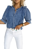 Ruffle Trim Half Sleeve Denim Shirt